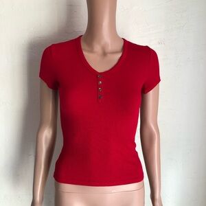 Frankee & Skylarr Women's Size S Red Short-Sleeve Ribbed Henley Top V-Neck Shirt